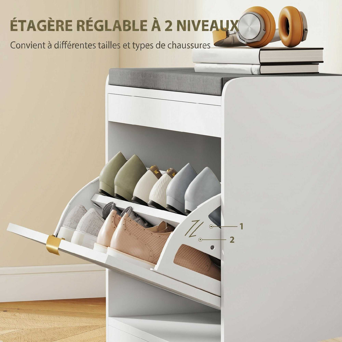 Banc à chaussures, banc de rangement, assise rembourrée, tiroir rabattable, porte avec motif 60 x 26 x 52,5 cm, blanc-4