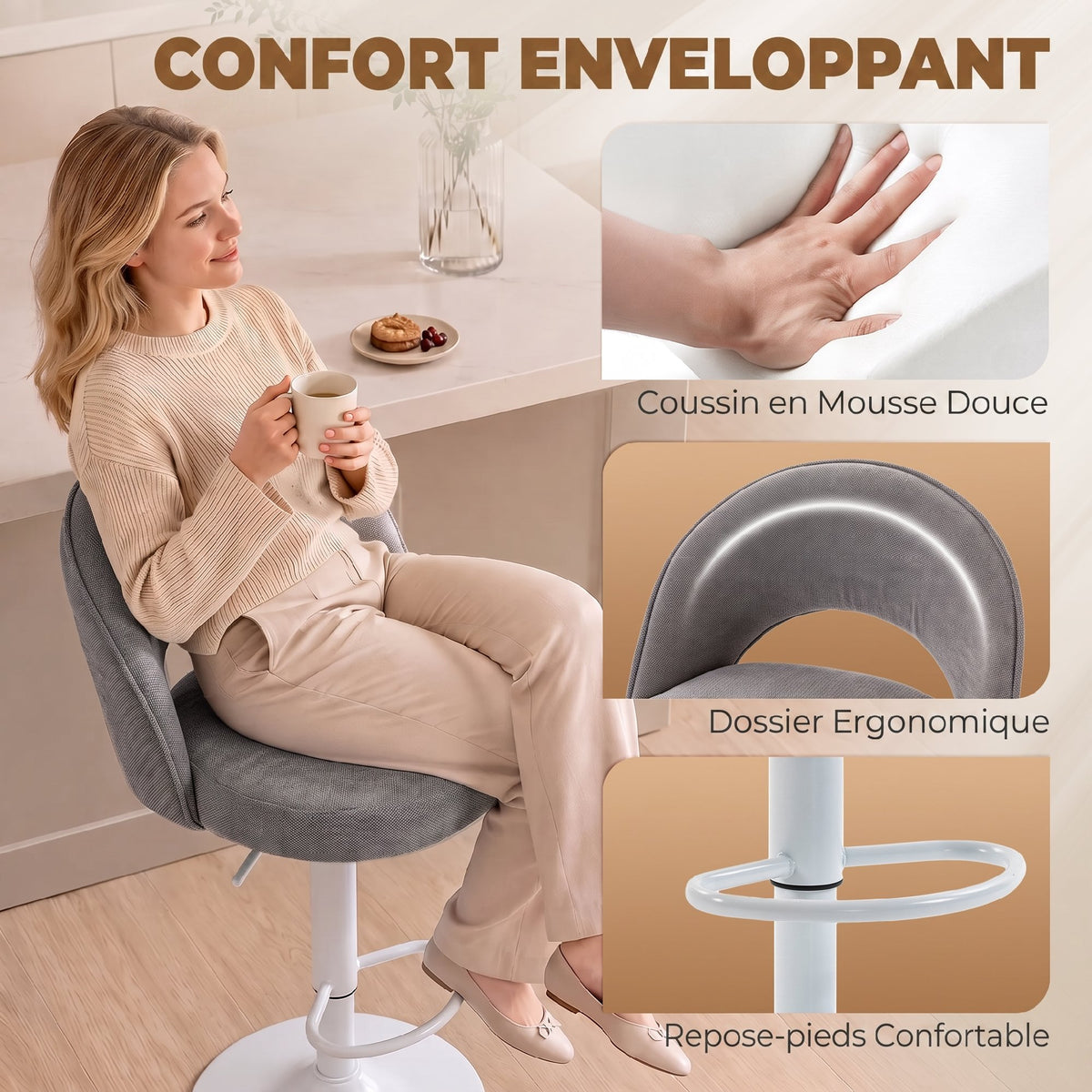 Lot de 2 Tabourets de Bar, Chaises de Bar Réglables en Hauteur, Assise Rembourrée en Chenille, Pivotant 360°, Gris-4