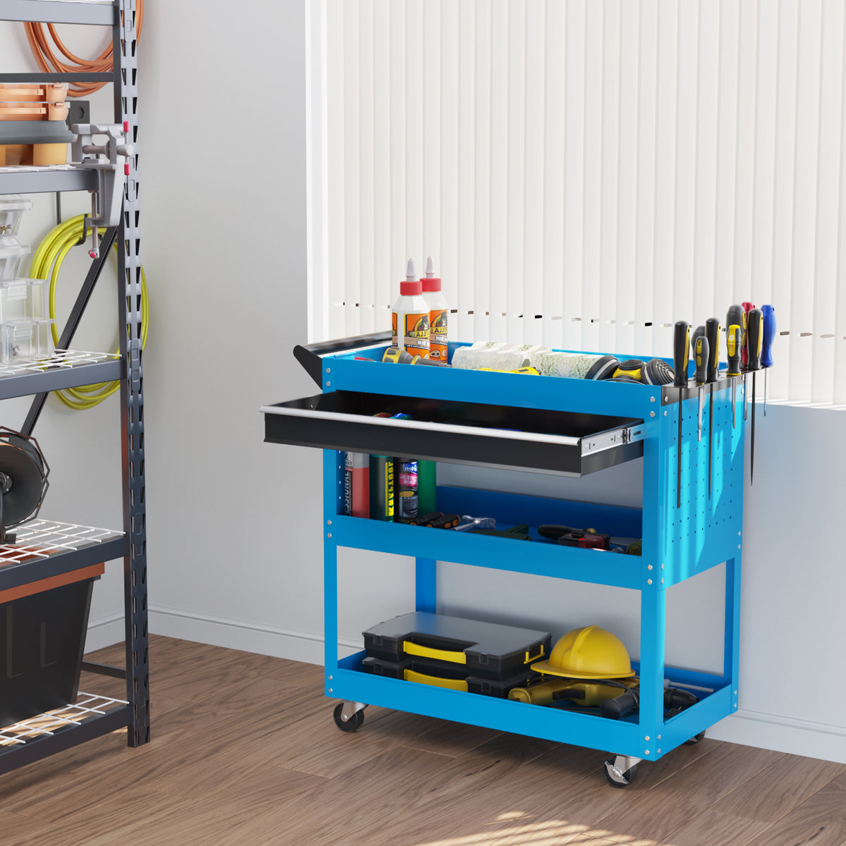 Chariot d'atelier servante atelier à 3 niveaux avec tiroir, porte-outils latéral et poignée, 82x35x76 cm, bleu-9