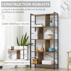 Bibliothèque étagère de rangement à 5 niveaux avec compartiments ouverts 74 x 30 x 157,5 cm brun rustique et noir-4