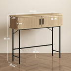 Console meuble, table console avec portes coulissantes à lattes et pieds en acier, pour salon, chêne et noir-2
