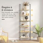 Étagère échelle mural bibliothèque style industriel 6 étagères acier noir aspect bois naturel dim. 60L x 30l x 206H cm-4