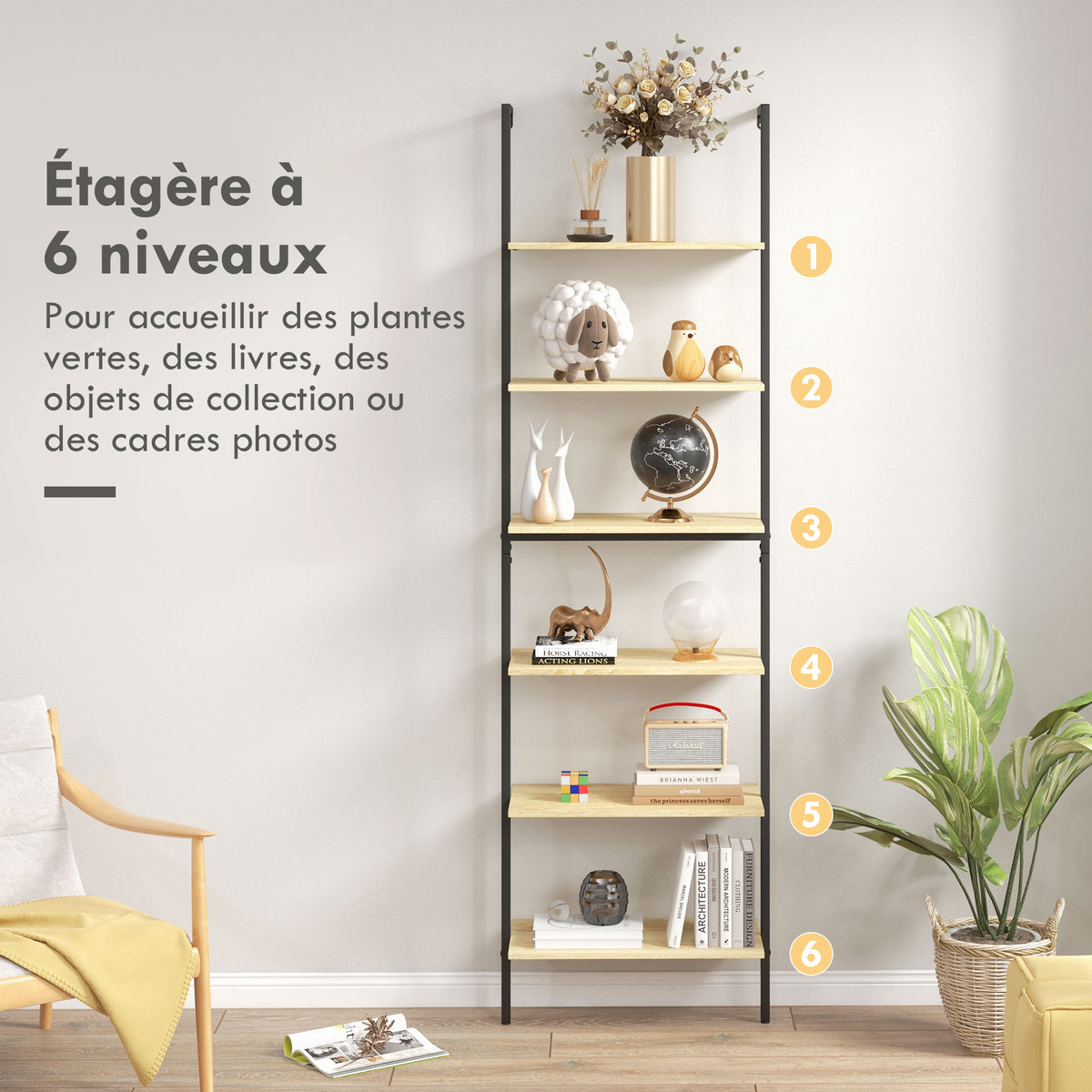 Étagère échelle mural bibliothèque style industriel 6 étagères acier noir aspect bois naturel dim. 60L x 30l x 206H cm-4