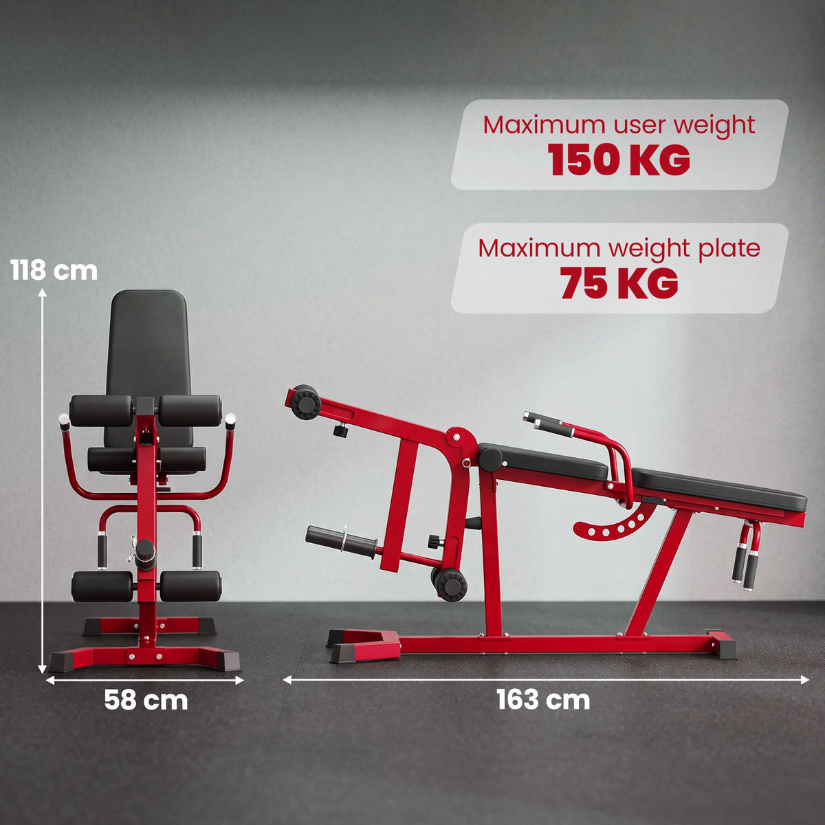 Machine d'Extension de Jambe 3 en 1 Charge 300 kg, Dossier et Positions Réglables, Disques Libres, 163x58x118cm, Rouge-2