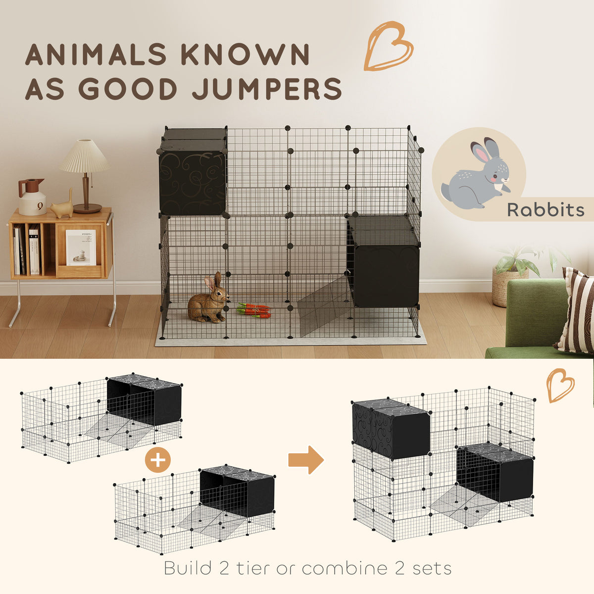 Enclos pour petits animaux, cage à lapin modulable 31 panneaux avec niches surélevées, en acier, 140x70x52cm, noir-7