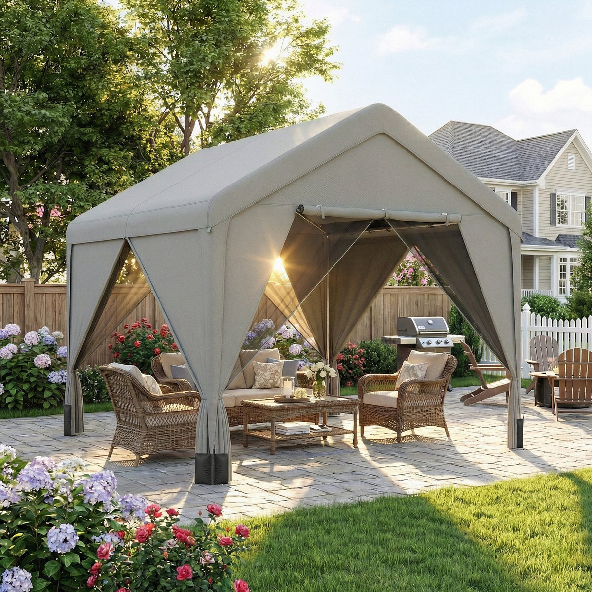 Tonnelle de jardin pavillon de jardin hydrofuge structure robuste en acier galvanisé avec toit double pente 3x3m gris-9
