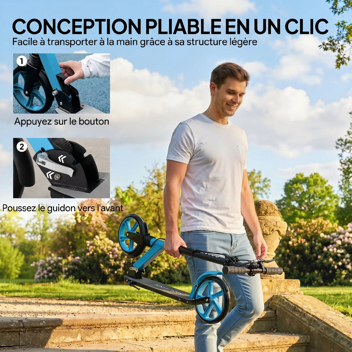 Trottinette Pliable pour Adultes 14+ Ans, Guidon Réglable, Grandes Roues, Amortisseur, Aluminium, 91,5x36,5x104cm, Bleu-4