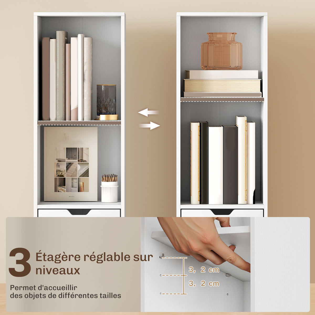 Bibliothèque, étagère à livres, meuble de rangement avec tiroir placard compartiments ouvertes, 30 x 24 x 158 cm, blanc-4