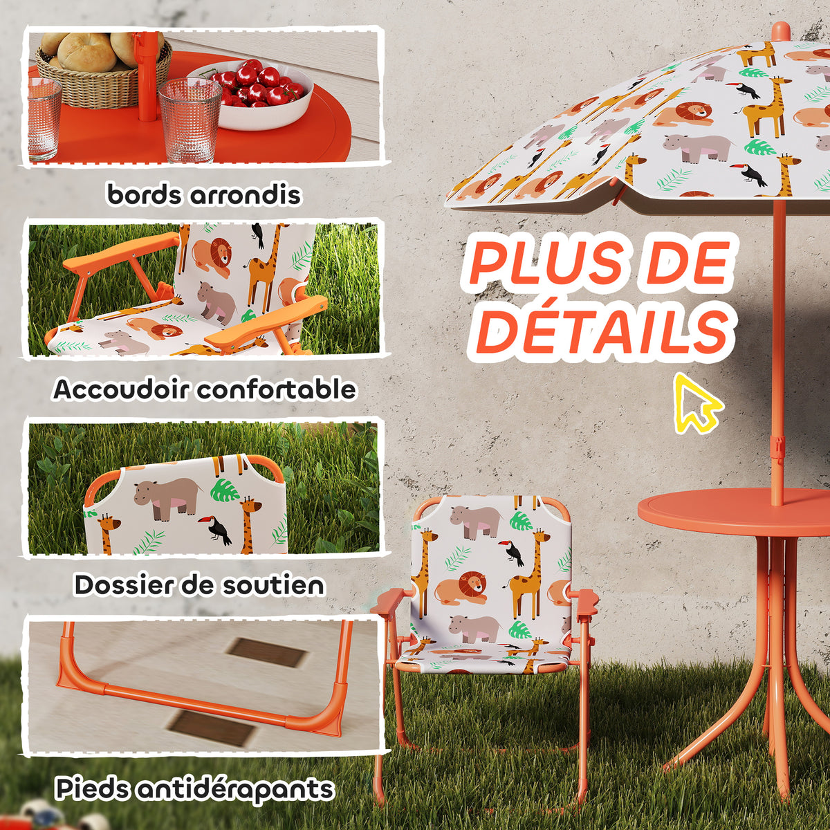Salon de jardin enfant, table enfant avec 2 chaises pliantes et parasol Ø 100 cm, motif animal, orange-5