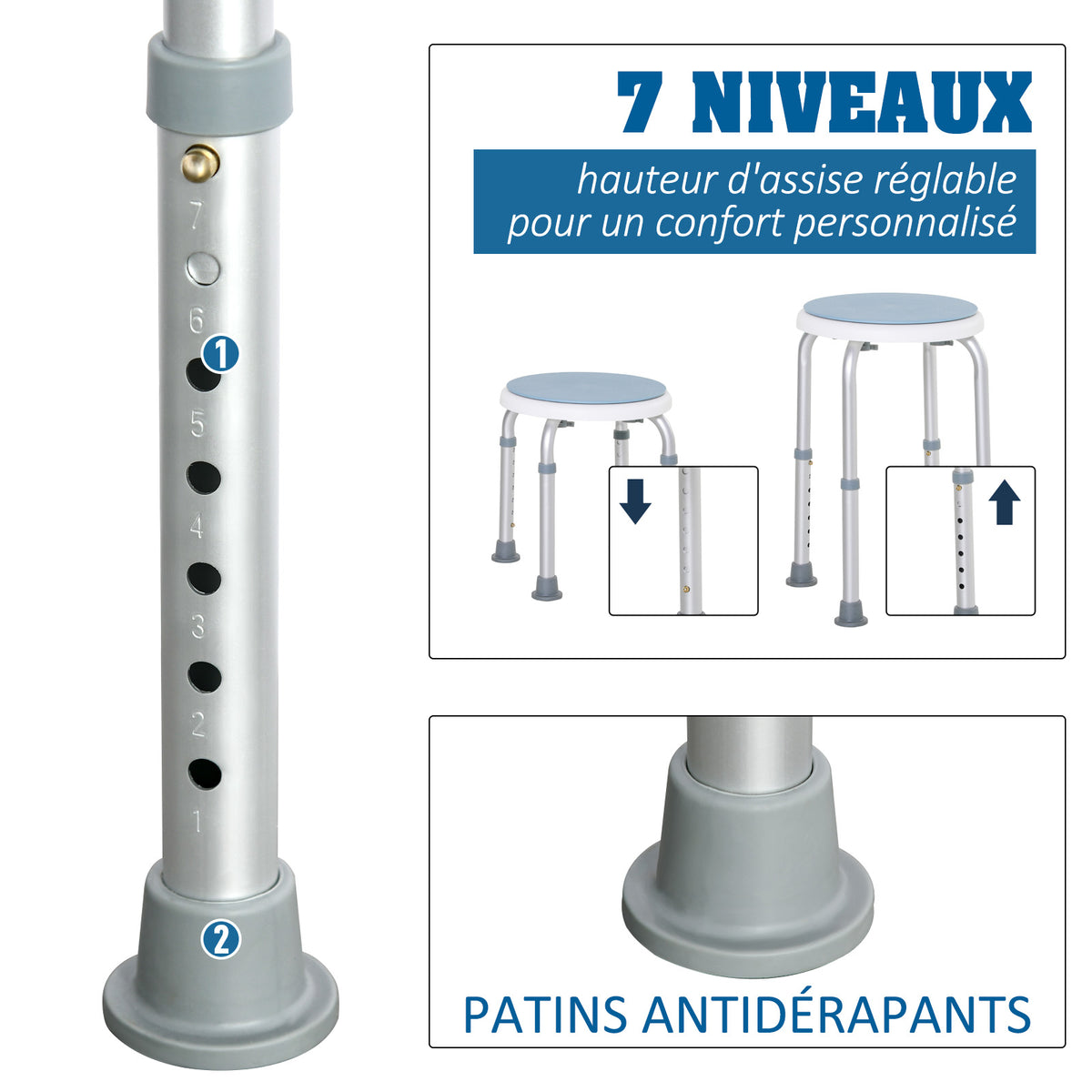 Tabouret de douche siège de douche antidérapant tabouret de bain hauteur réglable pivotant à 360° en aluminium-3