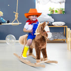 Cheval à Bascule Cheval de Cowboy Selle Grand Confort pour Enfants de 36+Mois Peluche Courte Douce Bois peuplier Charge 40 Kg Brun Blanc-1