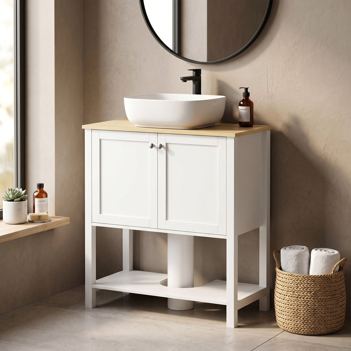 Meuble sous lavabo, meuble de salle de bain moderne avec 2 portes, étagère ouverte, découpe en U, 80 x 40 x 80 cm, blanc-7