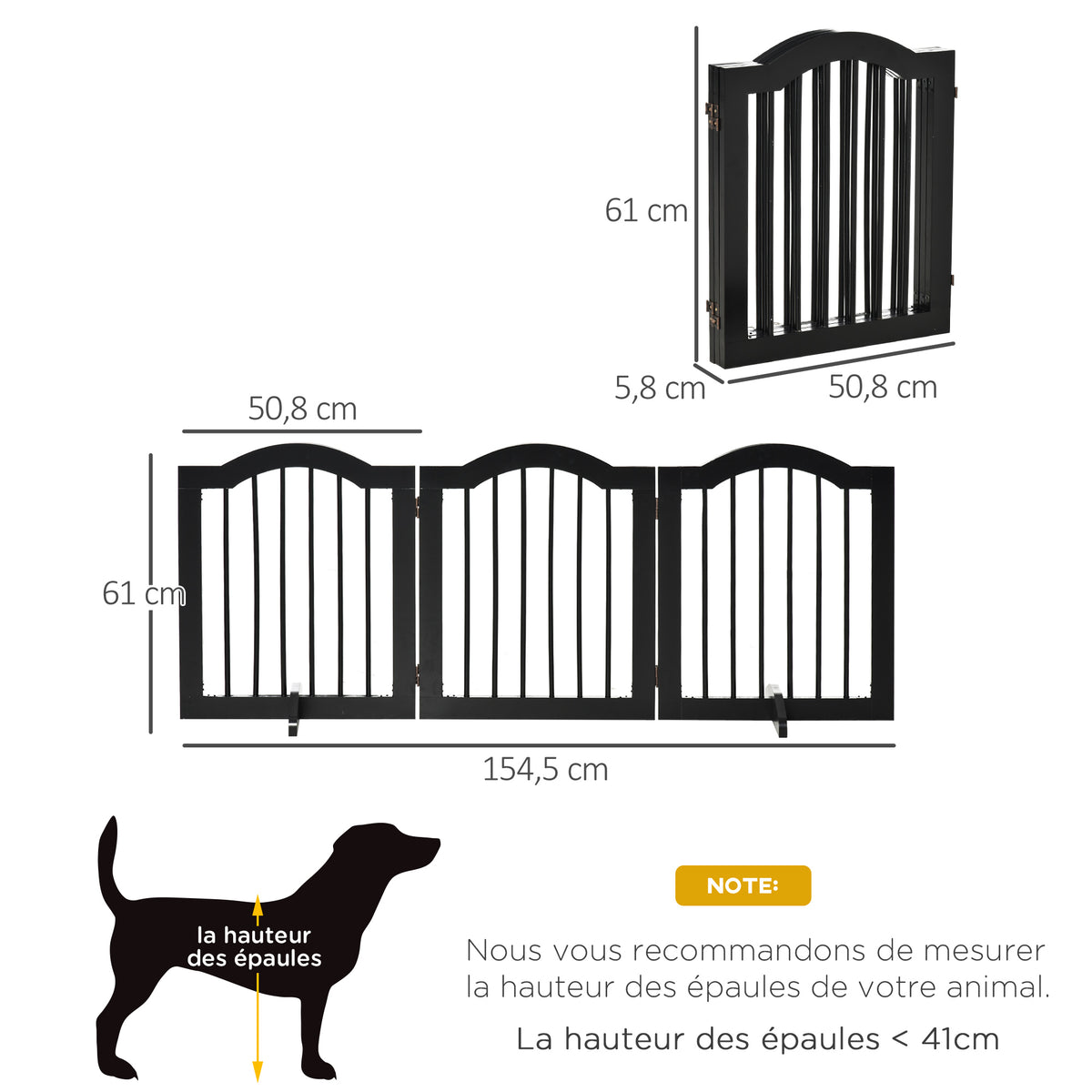 Barrière sécurité chien barrière modulable pliable animaux compagnie pied support MDF bois massif 154,5x61cm noir-2