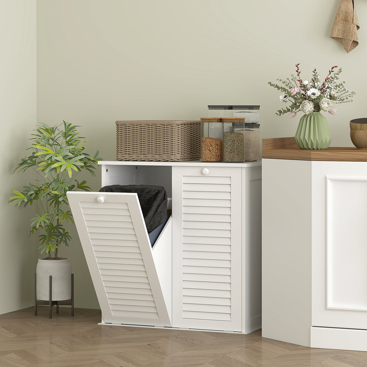Meuble salle de bain avec panier à linge armoire salle de bain en bois portes persiennes 2 paniers 70 x 38 x 73 cm blanc-7