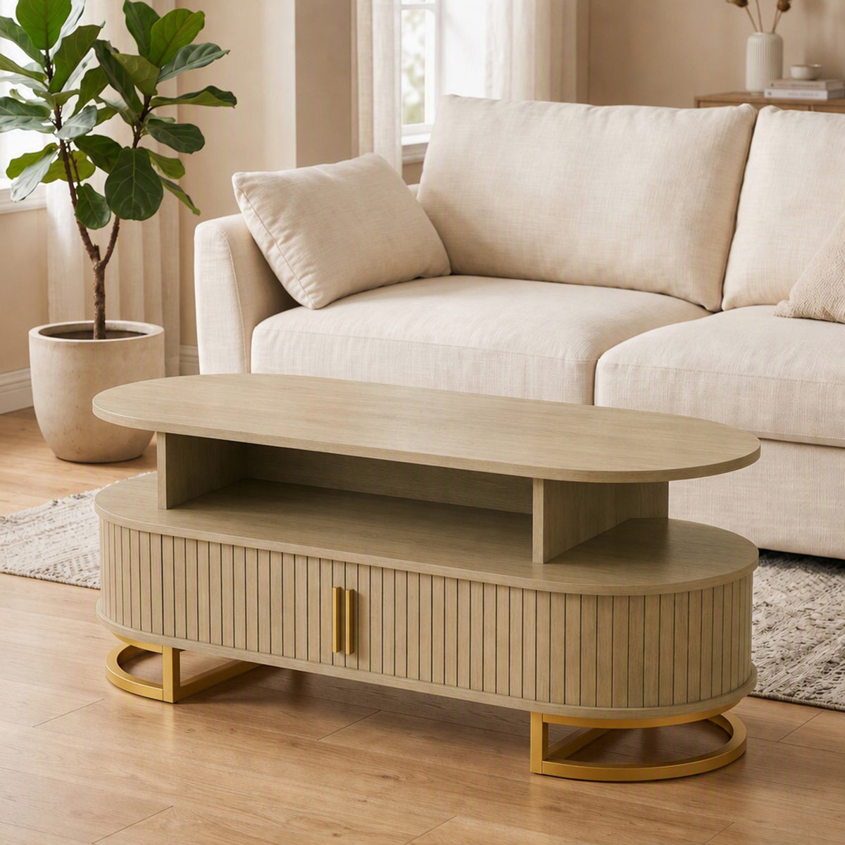 Table Basse Ovale, Table de Salon Moderne avec Portes à Tambour Coulissantes, Rangement Fermé, Étagères Ouvertes, Chêne-1