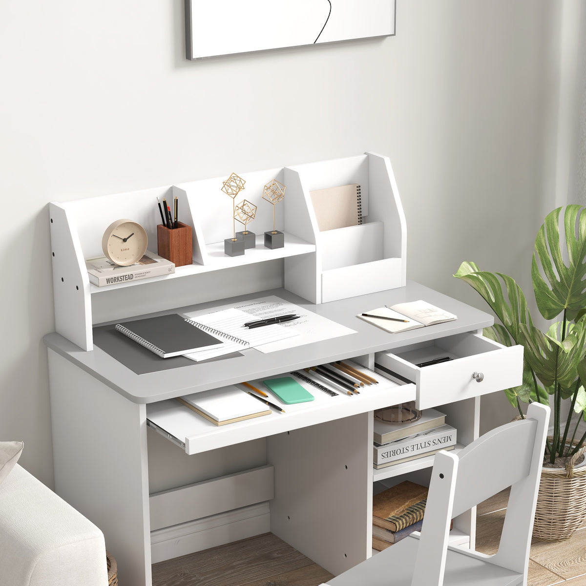 Bureau enfant avec chaise ergonomique avec clavier coulissant tiroir niches et étagères ouvertes 90 x 45 x 90 cm gris-8