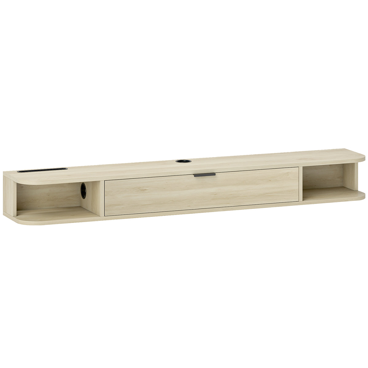 Meuble TV suspendu, meuble télé pour téléviseur jusqu'à 60 pouces, tiroir rabattable 2 étagères 140x24x16cm bois naturel-0