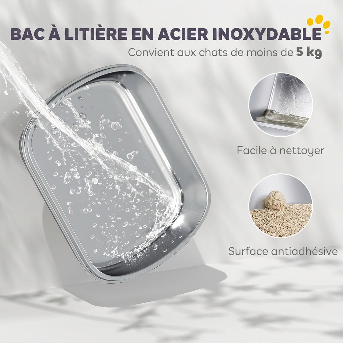 Maison de toilette pour chat bac à litière fermé bac acier inoxydable, nettoyage facile, 52,4 x 41,3 x 39,9 cm, blanc-3