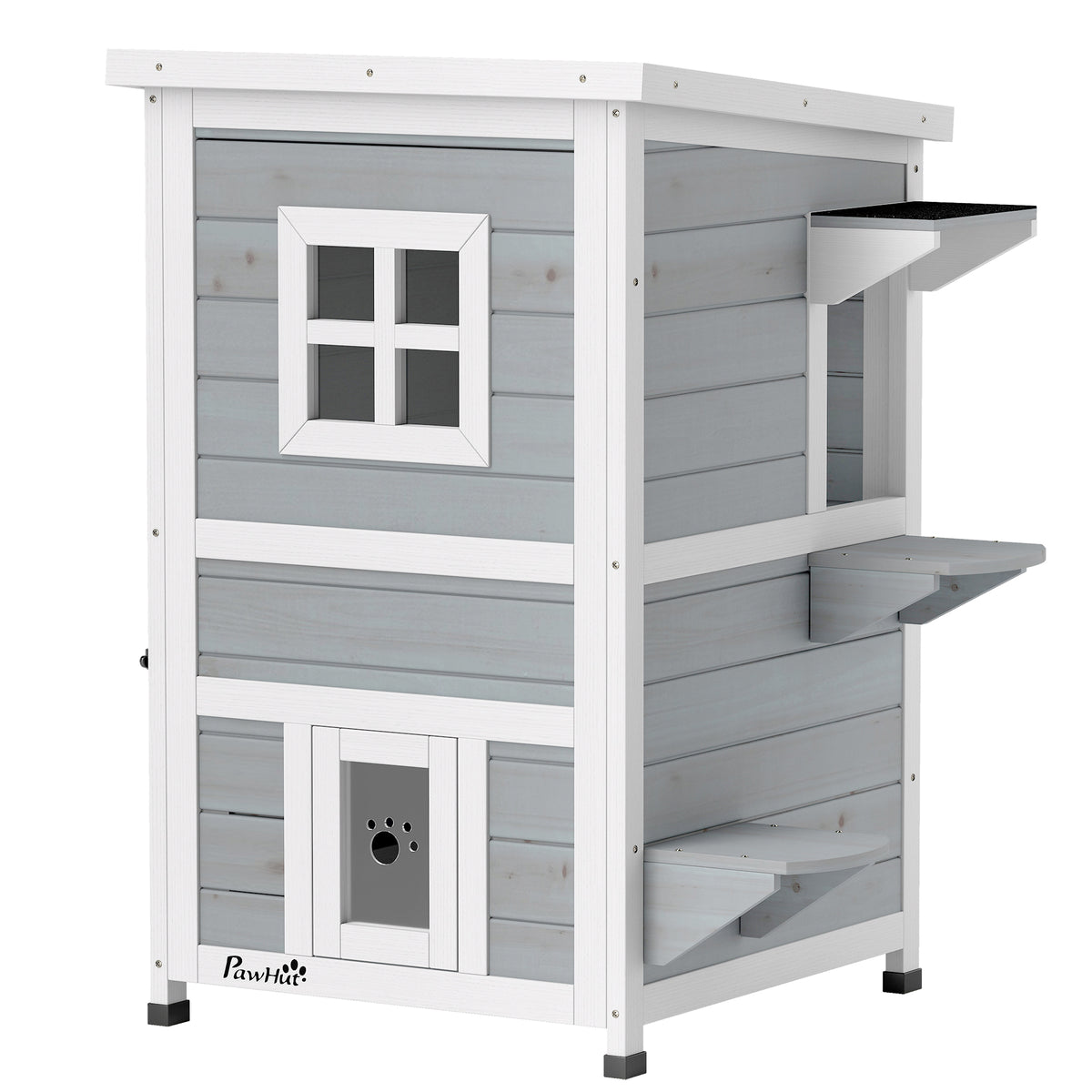 Maisonnette pour chats sur 2 étages en bois intérieur et extérieur toit rabattable 51 x 51 x 81,3 cm blanc et gris-0