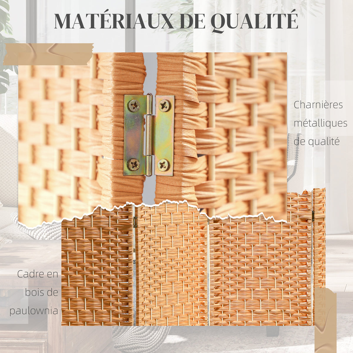 Paravent intérieur en bois 4 panneaux séparateur de pièce pliable pour salon chambre 180 x 180 cm brun clair-5