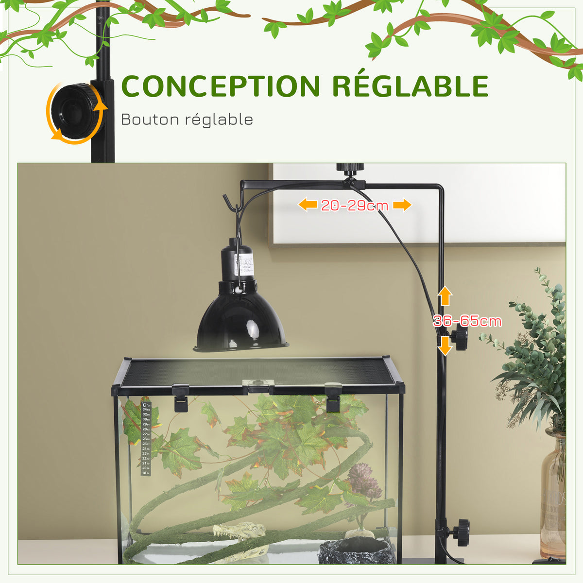 Support de lampe chauffante pour reptiles hauteur et largeur réglables pour amphibiens base en acier 32 x 9 x 67 cm noir-4