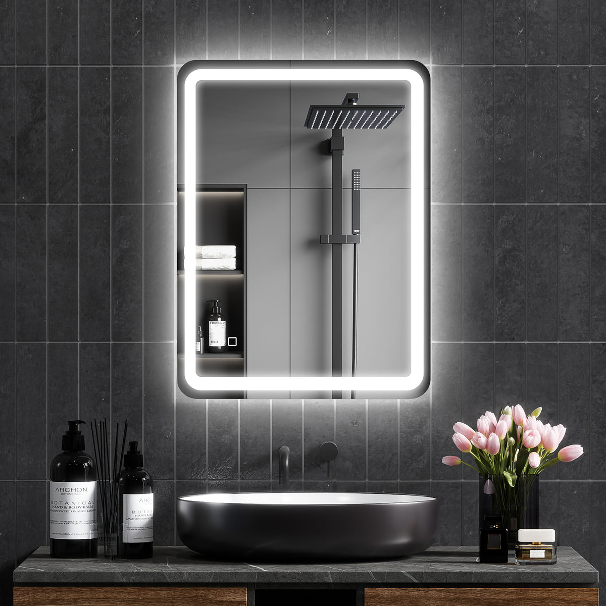 Miroir de salle de bain 60 x 80 cm, miroir LED mural avec 3 couleurs lumière, dimmable, mémoire, anti-buée, argent-9
