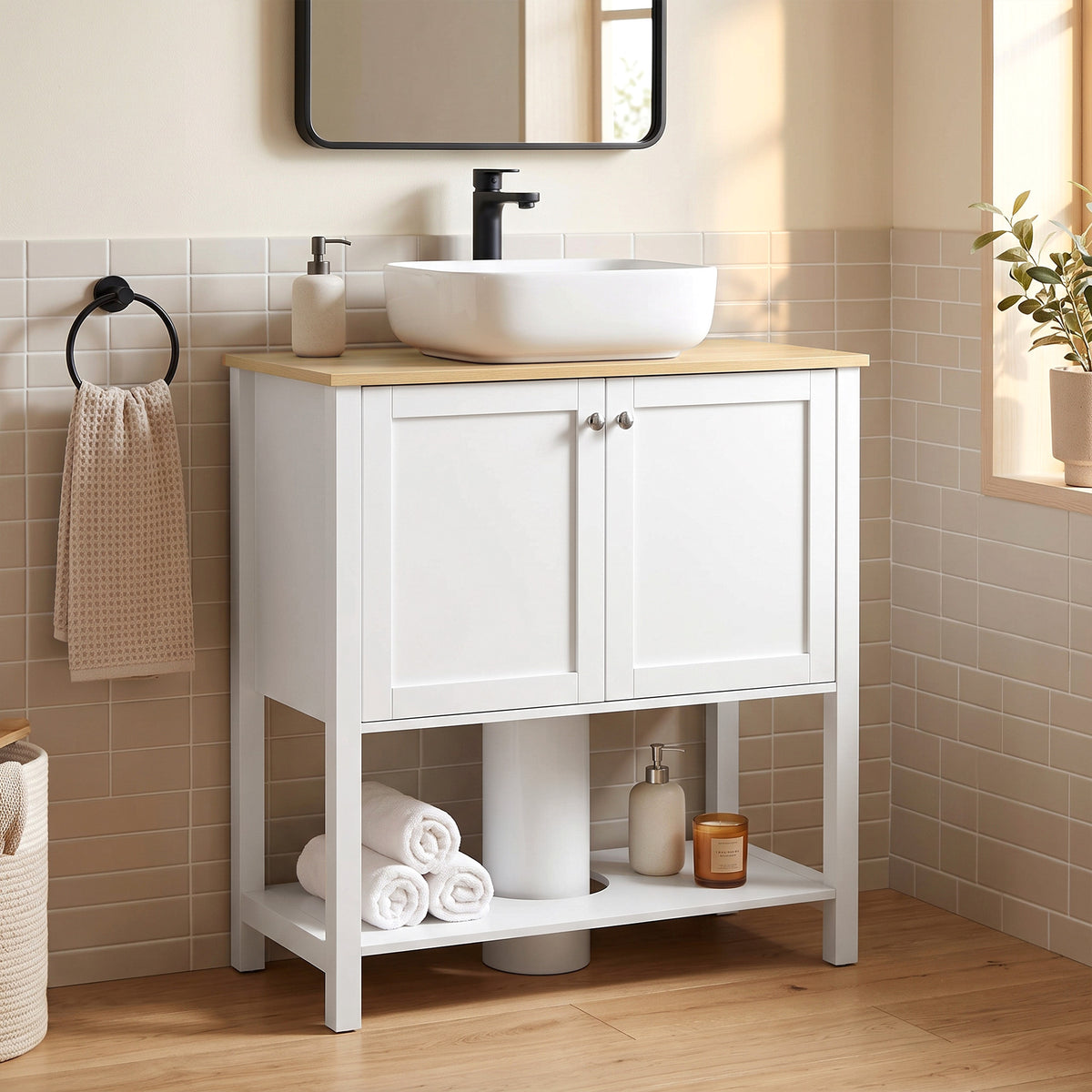 Meuble sous lavabo, meuble de salle de bain moderne avec 2 portes, étagère ouverte, découpe en U, 80 x 40 x 80 cm, blanc-6