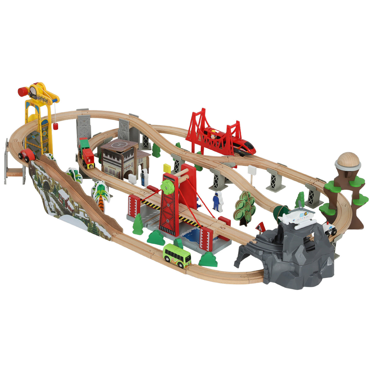 Set de Train en Bois pour Enfants, 100 Pièces, Jouets Ferroviaire Magnétique avec Grue, Pont, Hélicoptère, Multicolore-0
