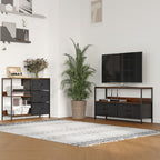 Meuble TV Bas sur Pieds Style Industriel 2 tiroirs en Tissu Gris MDF Brun Rustique et métal Noir-1