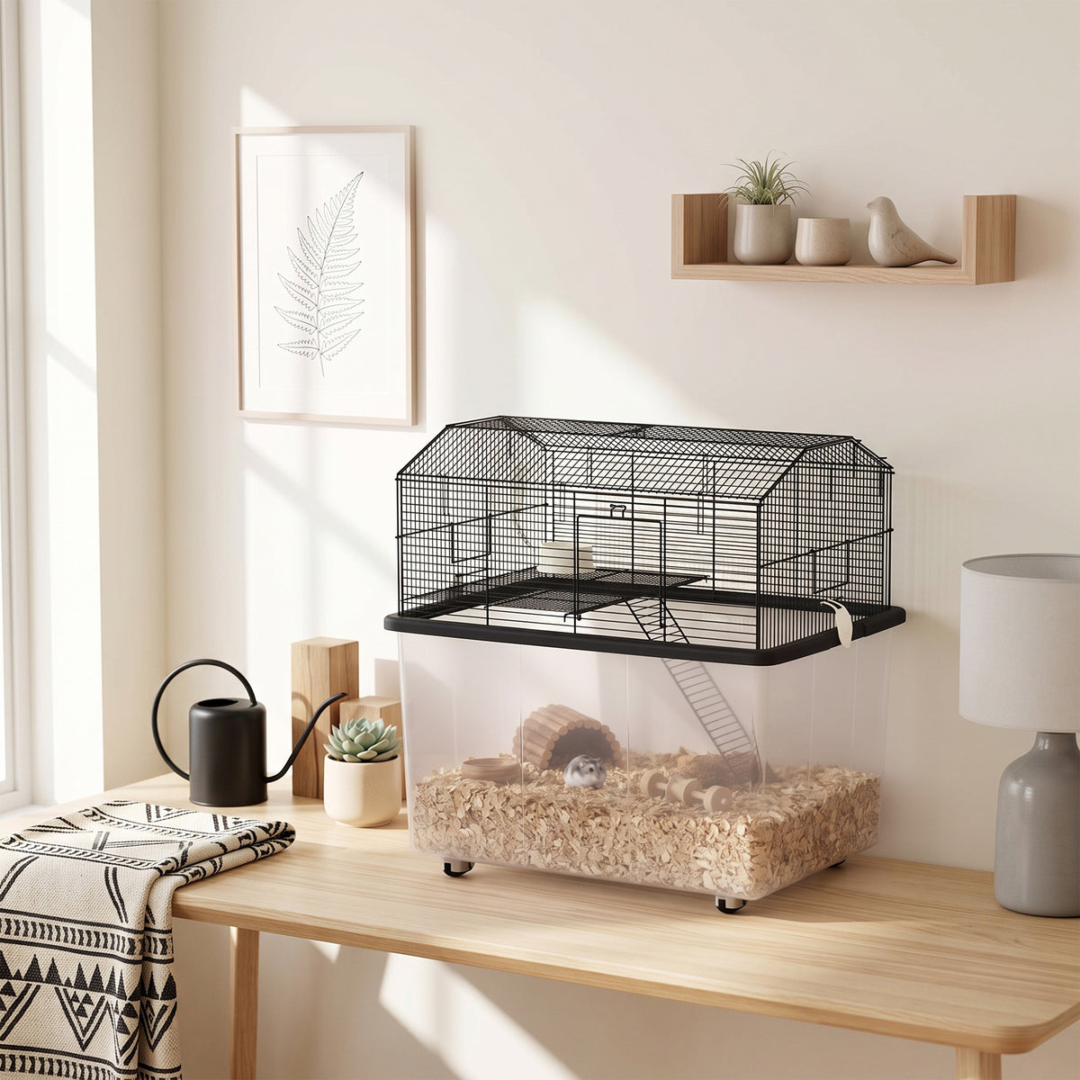 Cage hamster cage rongeur 2 étages avec roulettes plate-forme et échelle en fil d'acier 57 x 43 x 57 cm noir-7