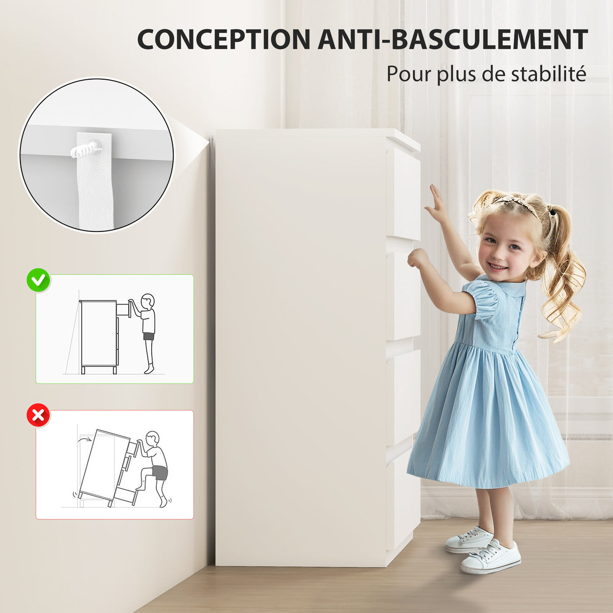 Commode 4 tiroirs, meuble de rangement épuré pour chambre, intérieur, 80 x 39 x 95 cm panneau de particules blanc-5