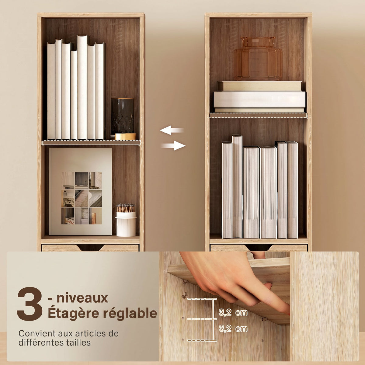 Bibliothèque, étagère à livres, meuble de rangement avec tiroir placard compartiments ouvertes, 30 x 24 x 158 cm naturel-4