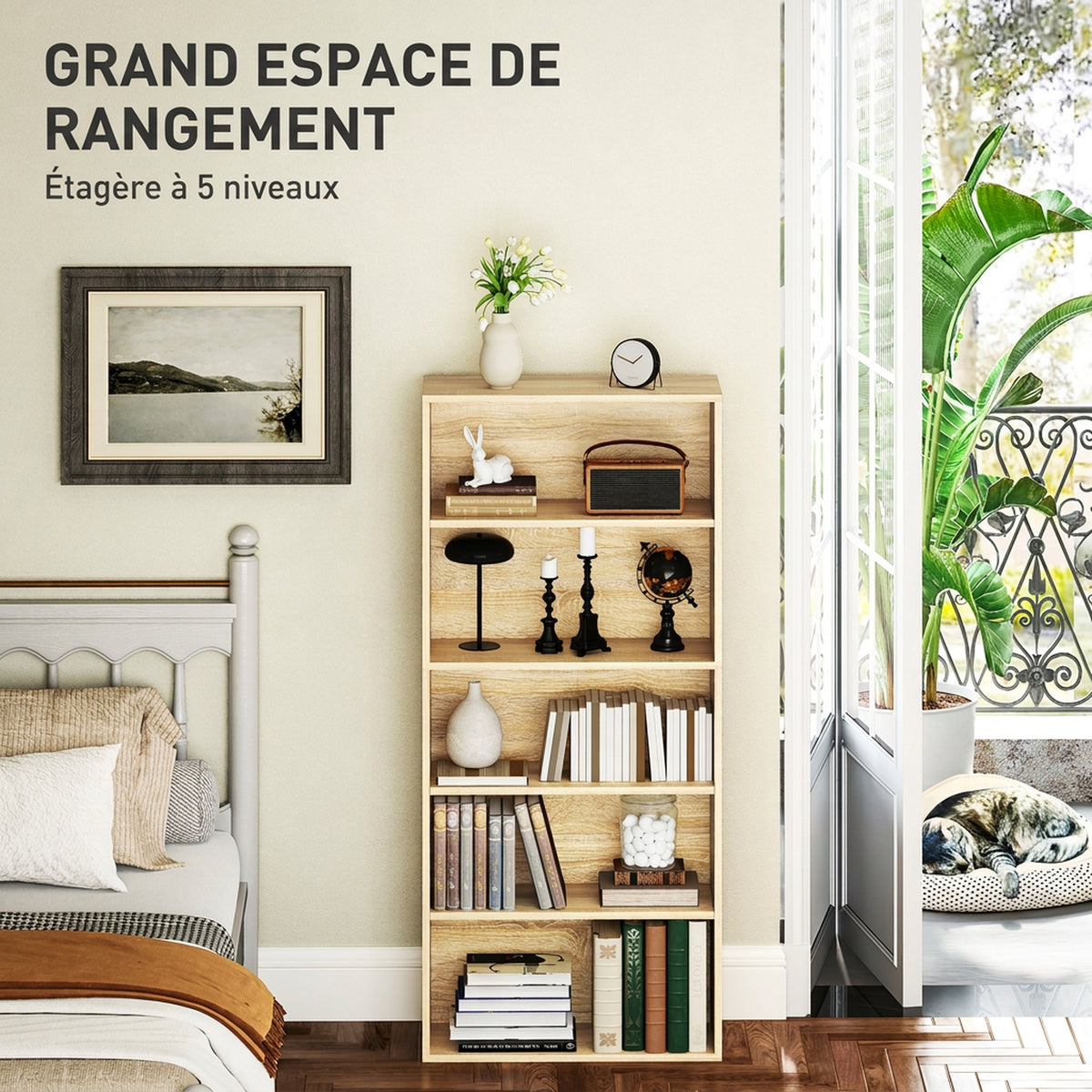 Bibliothèque étagère de rangement 5 niveaux avec étagères réglables pour salon, chambre, bureau, 60x24x133,5cm, naturel-3