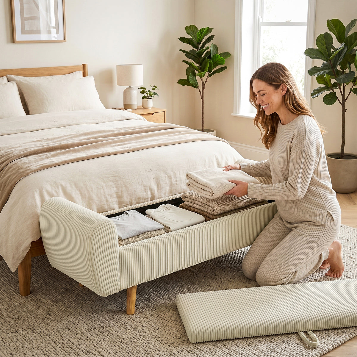 Banc de rangement 73 L, coffre de rangement rembourré en velours côtelé avec accoudoirs et pieds en bois d'hévéa, beige-8