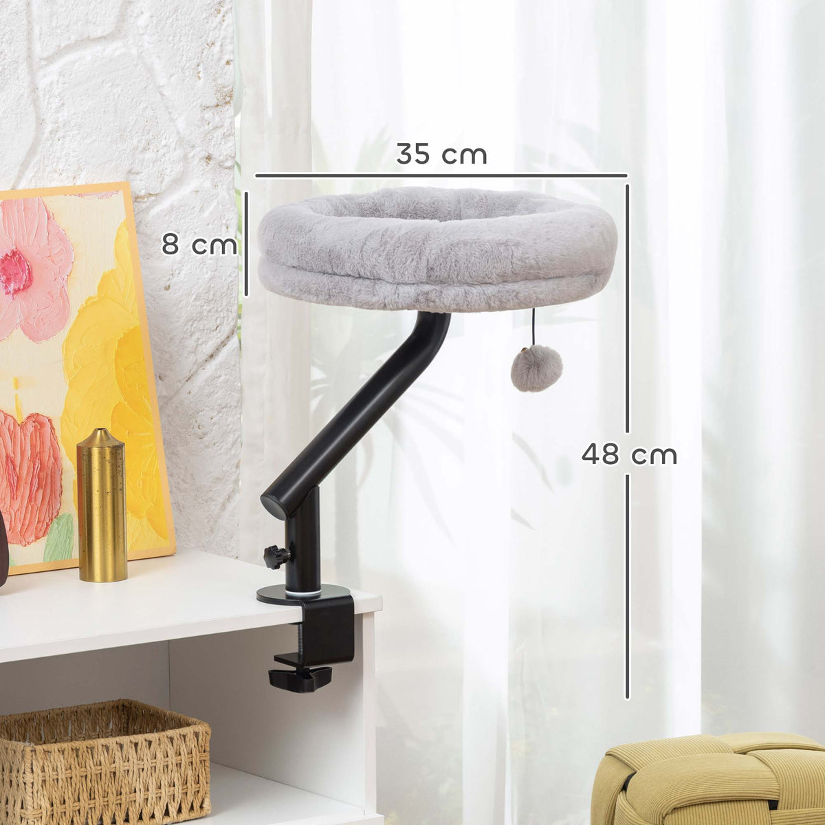 Lit de Bureau pour Chat Rotation de 360° et Hauteur Réglable, Lit pour Chat Lavable avec Balle Jouet, 35x35x48cm, Gris-2