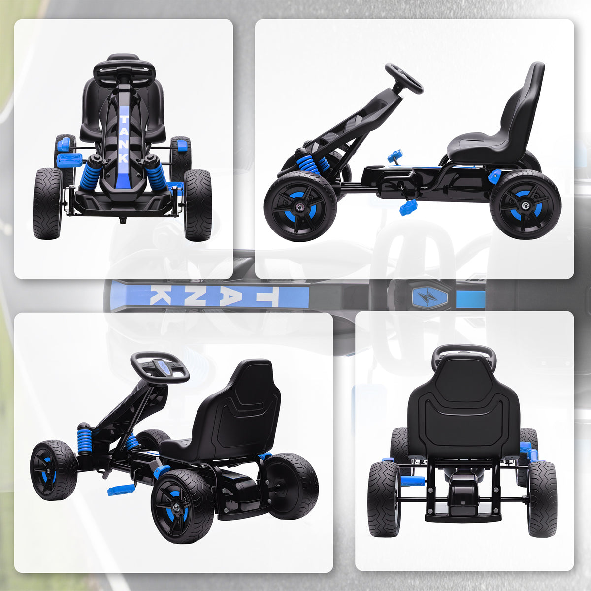 Kart à pédales pour enfants, karting enfant 3 à 6 ans avec roue libre, frein, roues EVA antidérapantes, bleu-8