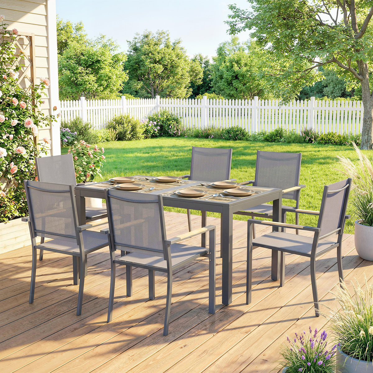 Salon de Jardin Ensemble Mobilier de Jardin 7 Pièces Table Effet Bois 6 Chaises Empilables en Textilène 140x80x72cm Gris-1