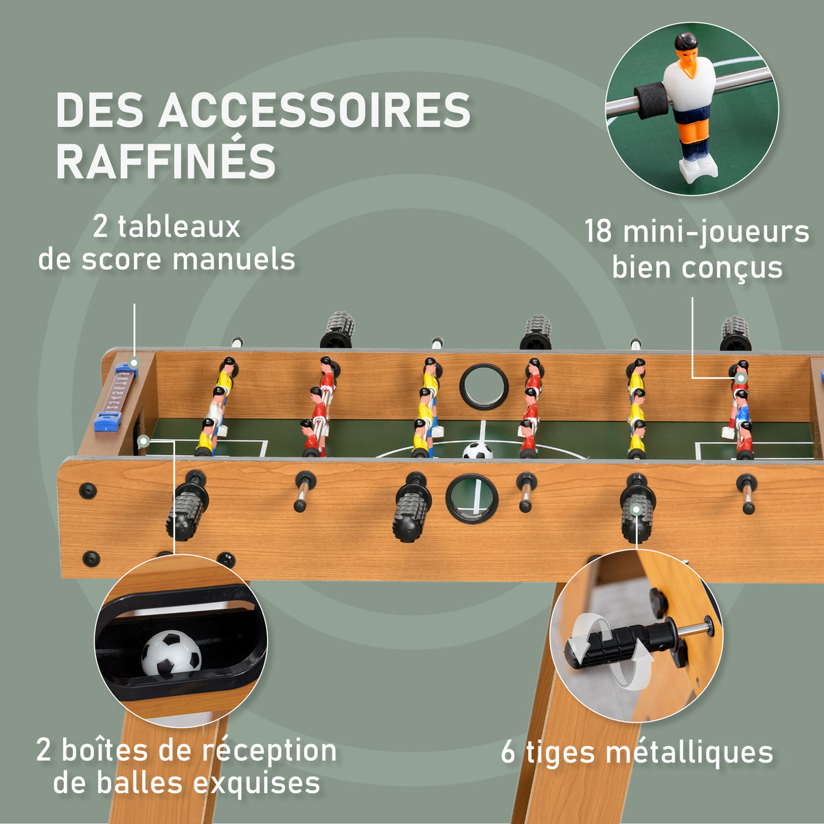 Babyfoot pliable en bois avec 18 joueurs, 2 ballons, 6 tiges et tableau de bord, pour adulte et enfant, 69 x 37 x 70 cm-3