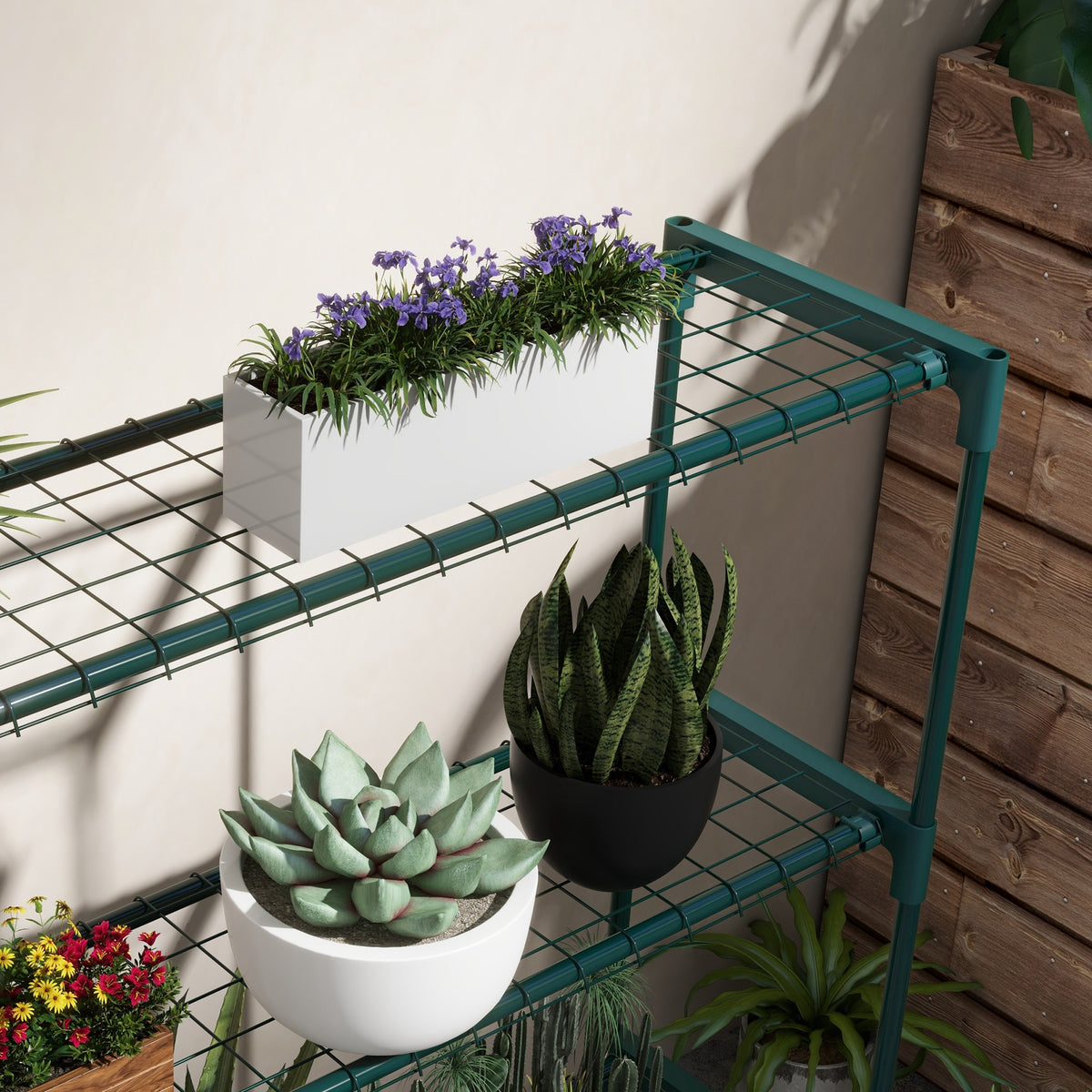Étagère à fleurs supports porte plante 4 niveaux, intérieur et extérieur en acier, dim. 89L x 28l x 107H cm, vert-7