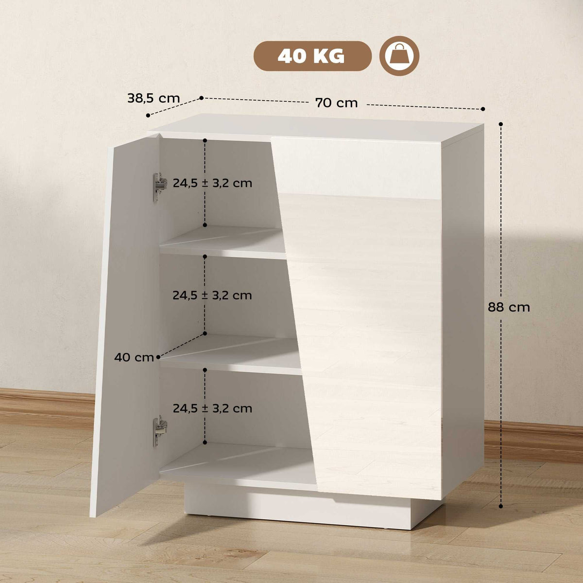 Buffet meuble de rangement avec placard double porte et étagère réglable, 70 x 40 x 88 cm, blanc brillant-2