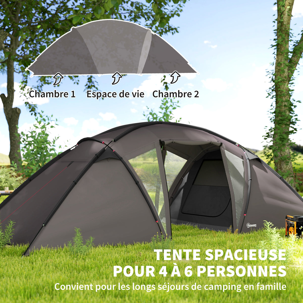 Tente de camping familiale pour 4-6 personnes, tente tunnel imperméable 3000 mm avec 2 portes, sac de transport, noir-3