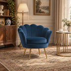 Fauteuil salon fauteuil en velours fauteuil coquillage avec pieds en métal doré pour chambre à coucher, bleu-1