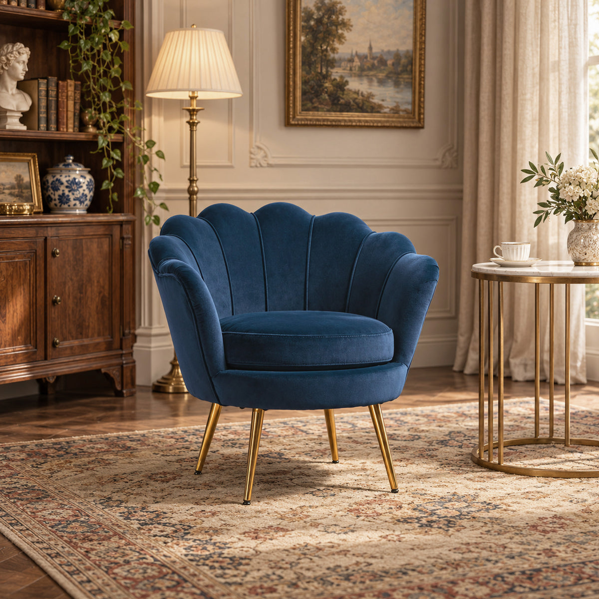 Fauteuil salon fauteuil en velours fauteuil coquillage avec pieds en métal doré pour chambre à coucher, bleu-1