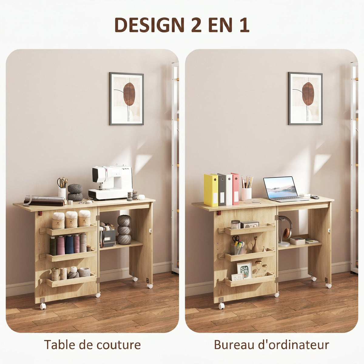 Table de couture pliante meuble couture à abattant avec bacs de rangement, étagère ouverte et roulettes, bois naturel-5