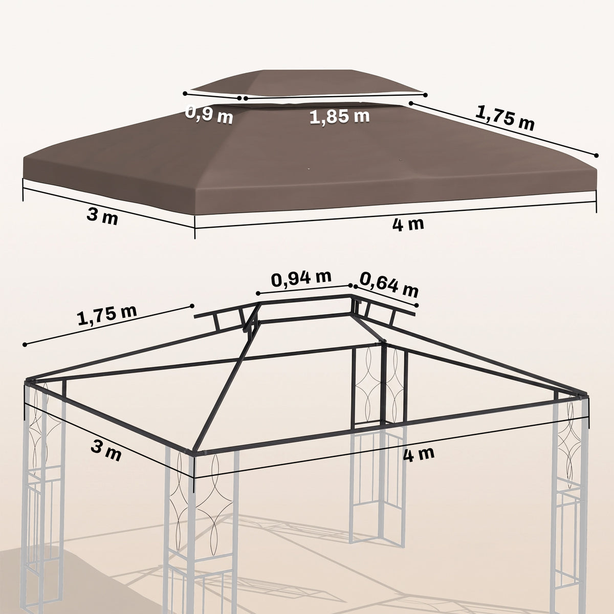Toit de Rechange pour Tonnelle Marron 3 x 4 m-2