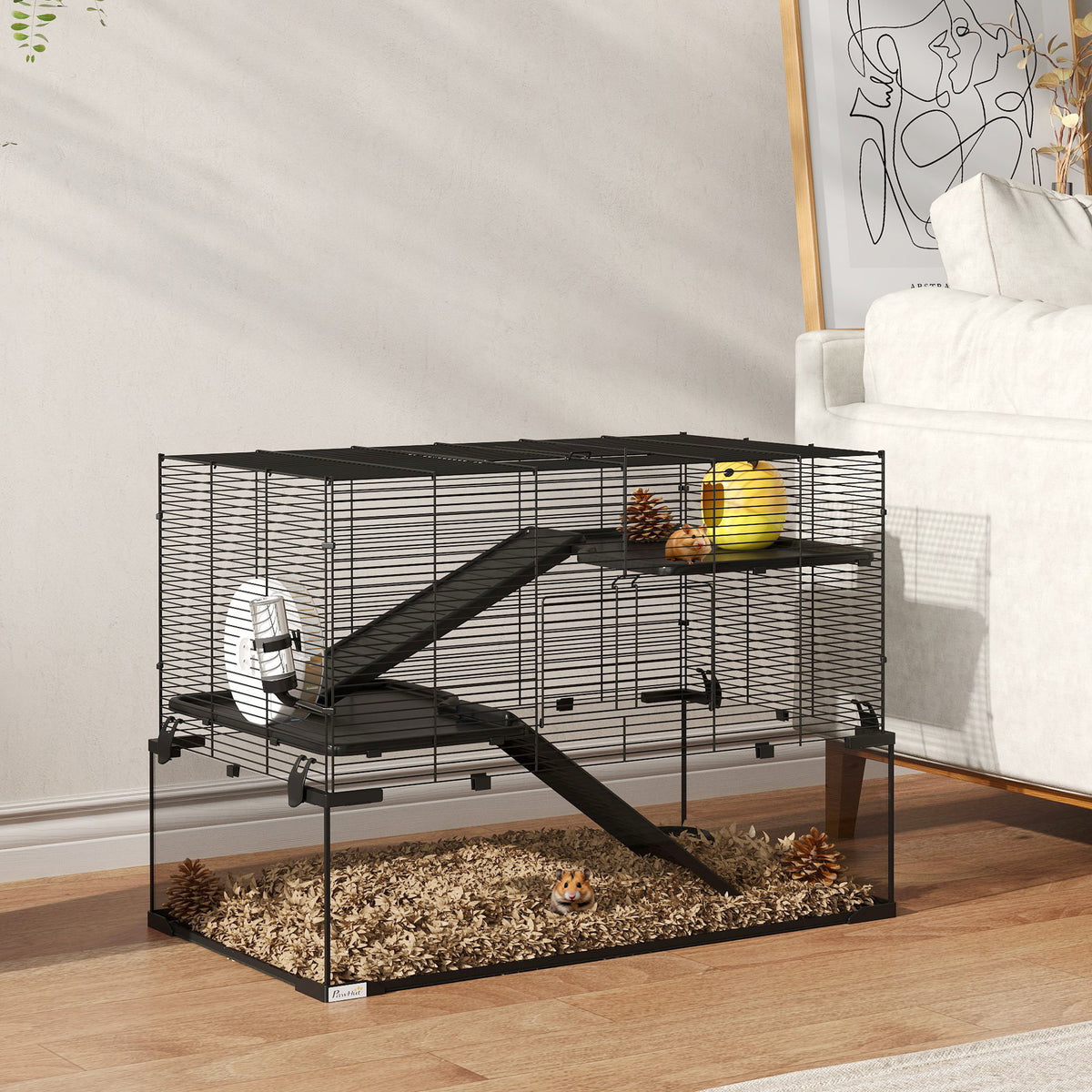 Cage hamster cage rongeur 3 niveaux avec roue rampes maisonnette abreuvoir mangeoire 76,5L x 48,5l x 54,5H cm noir-8
