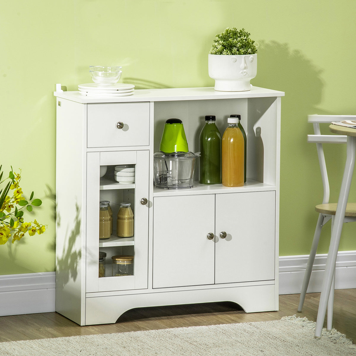 Buffet de cuisine moderne avec porte en verre, tiroir, grande niche et étagères réglables 80 x 30 x 82 cm blanc-1