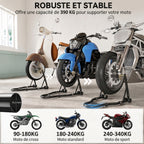 Béquille roue avant arrière charge 390 kg béquille d'atelier moto bras réglable en acier, fourche en forme de U + L noir-3