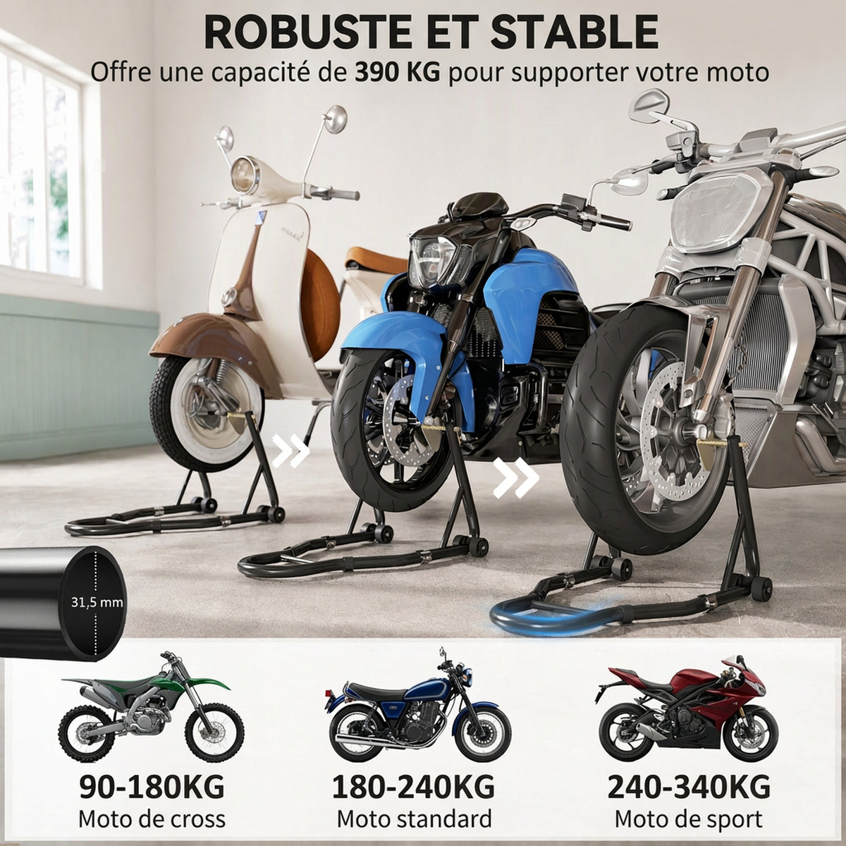 Béquille roue avant arrière charge 390 kg béquille d'atelier moto bras réglable en acier, fourche en forme de U + L noir-3