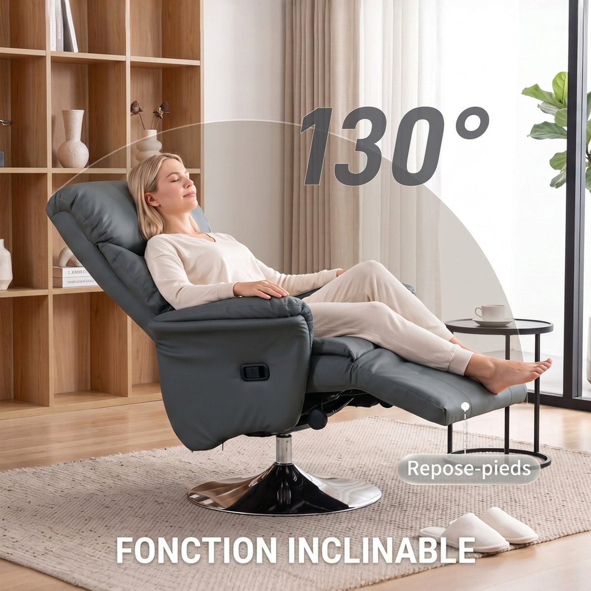 Fauteuil de relaxation inclinable pivotant repose-pied réglable, jusqu'à 150 kg, pour salon, chambre, home cinéma, gris-3